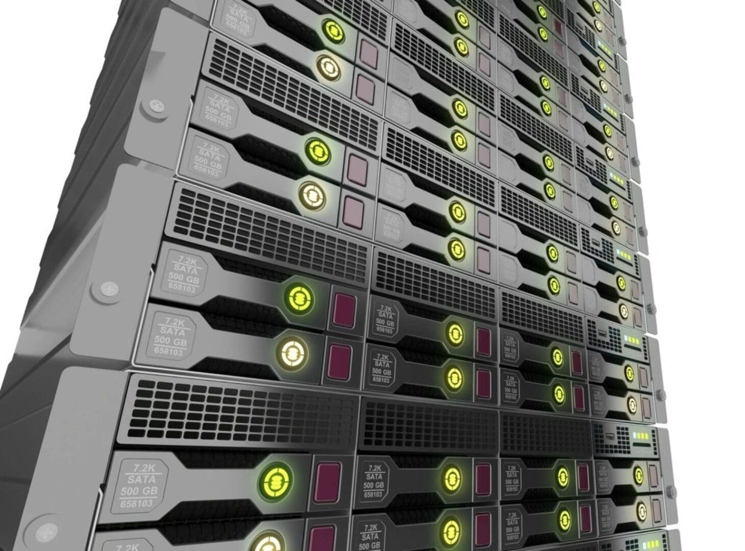 A large rack of servers with green lights on them.