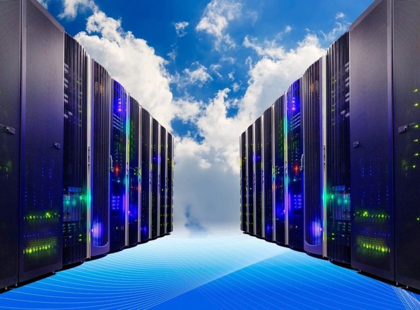 A blue sky with two rows of computer servers.